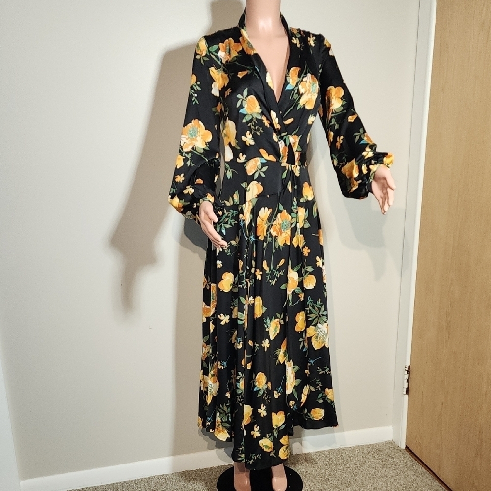 Nasty Gal Yellow and Orange Plunge Gown with Bishop Sleeves